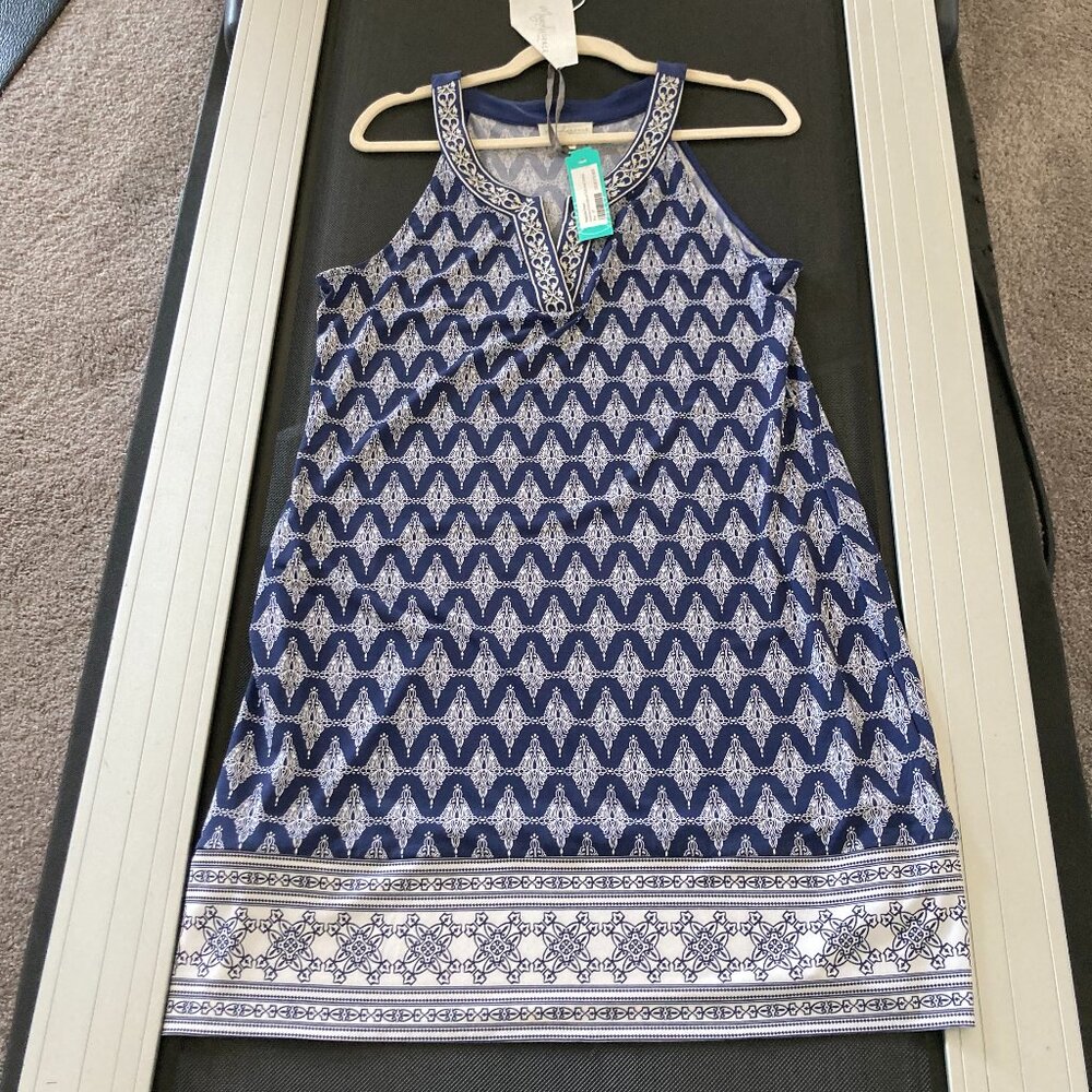 MAGNOLIA GRACE L Petite Blue White Alhambra Embroidered Trim Dress Women NWT